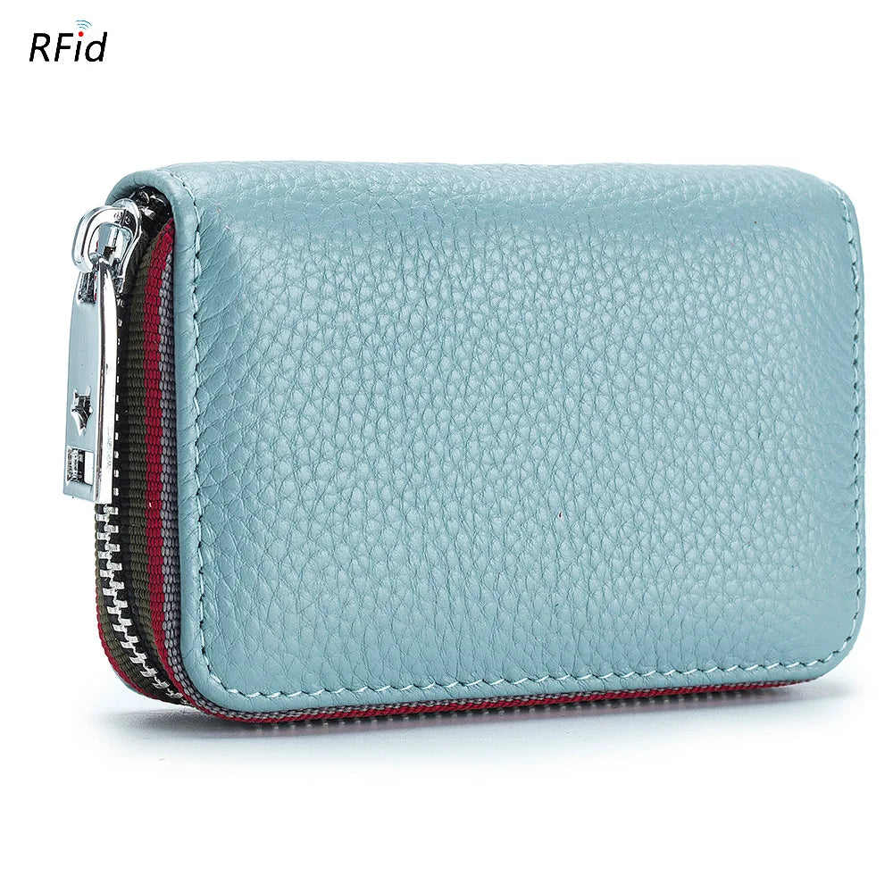 Genuine Leather Men Women Card Holder Small Zipper Wallet Solid Coin Purse Accordion Design rfid ID Business Credit Card Bags