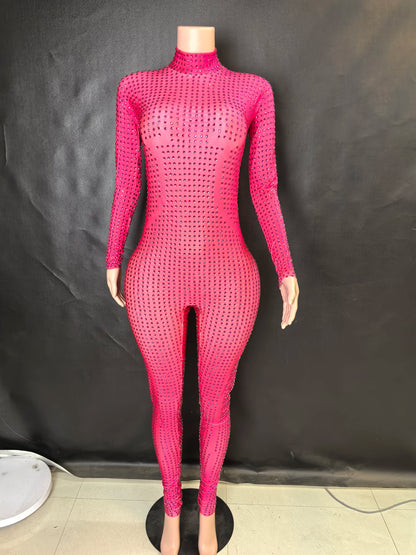 Women's Sparkly Long Sleeve Crystal Rompers Bodycon Bodysuits for Pole Dance Stage Performance Party One Piece Jumpsuits 7G - Kimlud