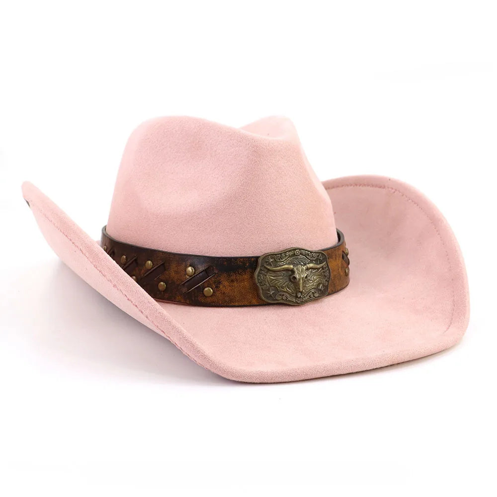 Western Big Brim Cowboy Hat Bull's Head Leather Band Suede Top Hat Outdoor Mens Hats Ladies Party Horse Riding Cowgirl...