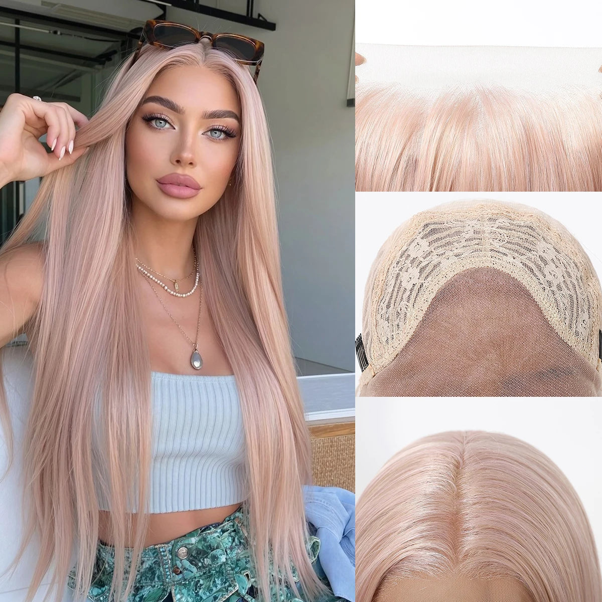 Long Straight Ash Pink 13x4 HD Lace Front Wig 30 Inch Glueless Synthetic Transparent Lace Frontal Wigs Pre Plucked Pastel Rose Gold for Women