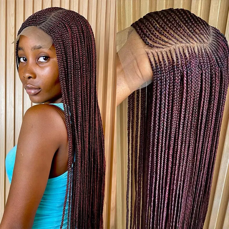 36'' Burgundy Full Lace Braided Wigs Faux Locs for Black Women Synthetic Knotless Cornrow Braid Wig Side Part Wig Box...