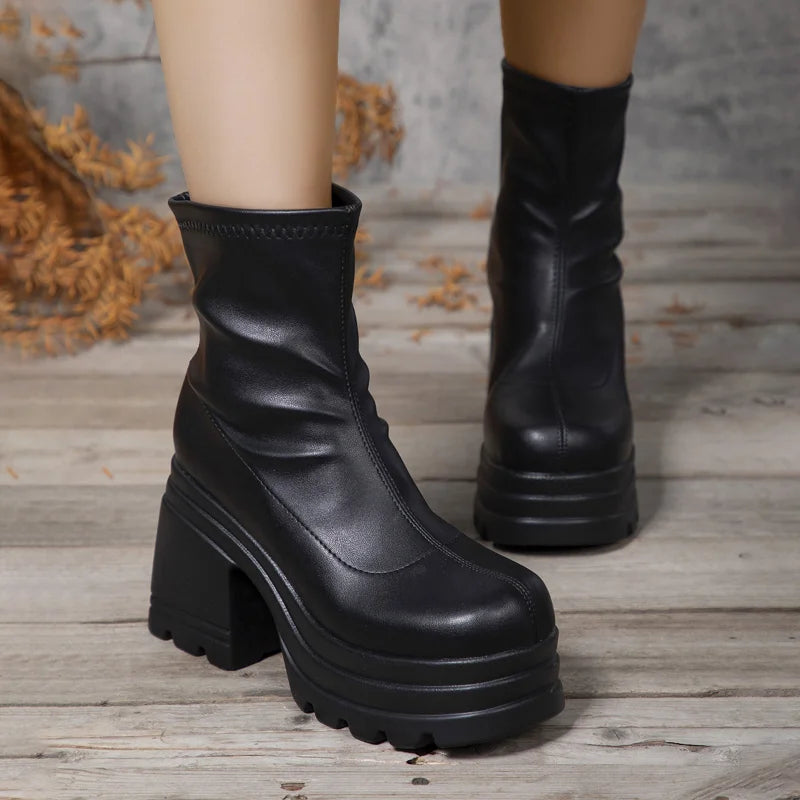 Women New Fashion Short Boots Women Sexy Leather Boot Square toe casual Zipper high heels Casual thick soled women shoes...