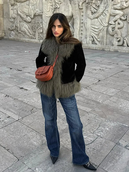 Vintage Patchwork Women's Faux Fur Trim Coat Urban Lapel Full Sleeve Female Jacket Female 2026 Spring Winter Lady Streetwear New