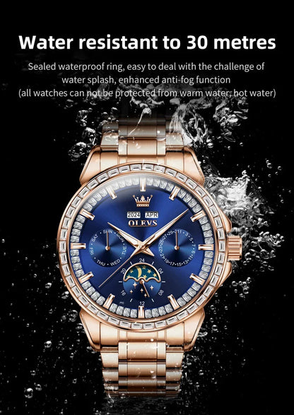 OLEVS 6695 NEW Men's Watches Full Multifunctional Dial Blue Leather Strap Calendar Week Moon Phase Waterproof Wristwatch...