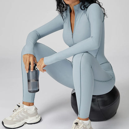 Sexy Rompers Workout Zipper Jumpsuit Long Sleeve Sports Bodysuits Women Gym Running Fitness Suits One-piece Tracksuit Sportswear - Kimlud