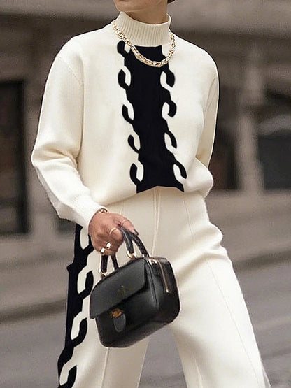 Krisstarsgirls Women's Knitting Contrast Color Sweater Tops 2025 Fall Spring New High Neck Long Sleeves Spliced Ladies Pullovers