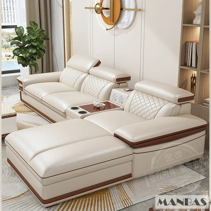 Linlamlim Premium Italian Genuine Leather Sofa Set for Living Room with Adjustable Headrests, Bluetooth Speaker, Wireless Charge