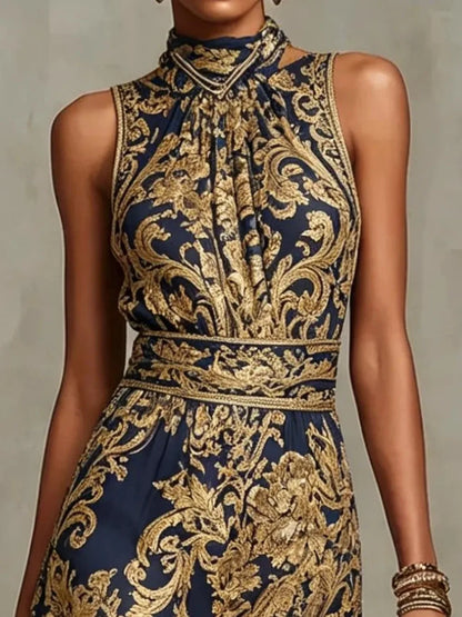 Baroque Print Halter Neck Maxi Dress Sleeveless High Waist A-Line Formal Evening Gown Elegant Vintage Party Dress for Women