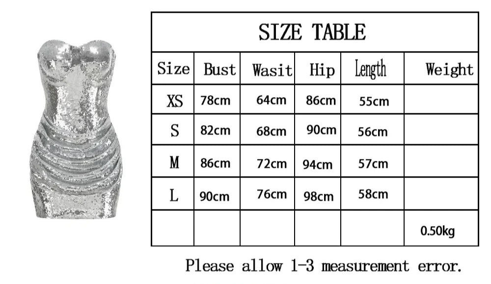 Sexy Strapless Ruched Sequins Mini Dress Women Sliver Sleeveless Backless Folds Bodycon Dresses Celebrity Evening Party...