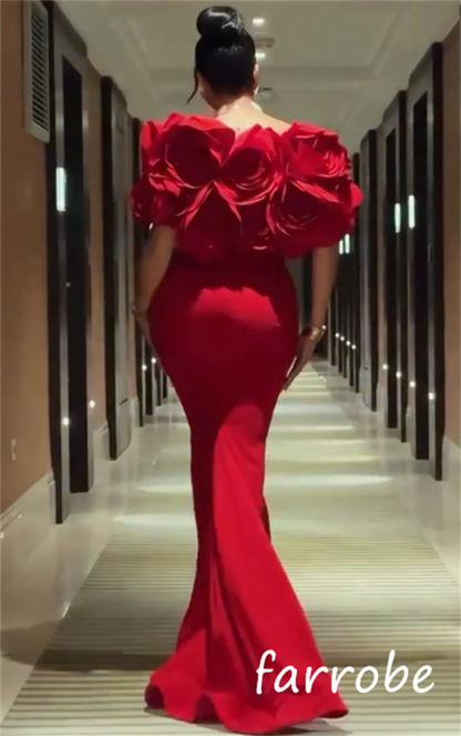 Customized High Quality Jersey Flower Pleat Trumpet Off-the-shoulder Long Dresses Bespoke Occasion Matching