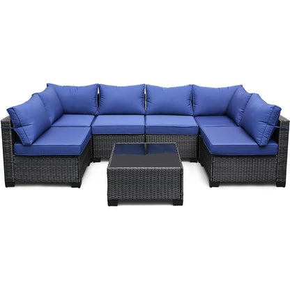 7-Piece PE Rattan Sectional Patio Set, Wicker Outdoor Sofa With Cushions & Glass Coffee Table, Conversation Furniture For Garden - Kimlud