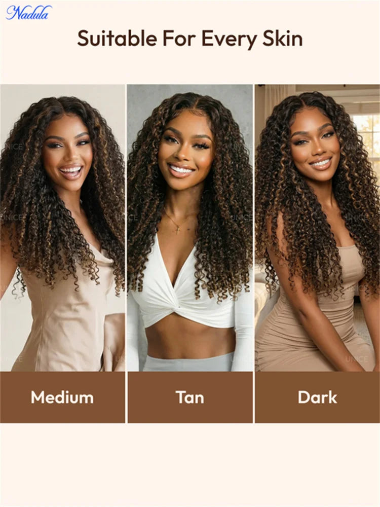 Nadula Burmese Curly Glueless Wig with Finger Coils End Chestnut Brown Ombre 7x5 Pre Cut HD Transparent Lace Pre...
