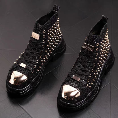 Luxury rivet Boots Men's shoes designer sneakers me n punk high tops gold red light bottom Casual Platfo