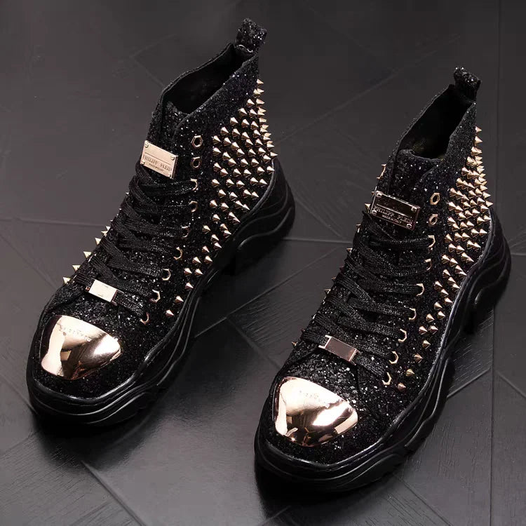 Luxury rivet Boots Men's shoes designer sneakers me n punk high tops gold red light bottom Casual Platfo