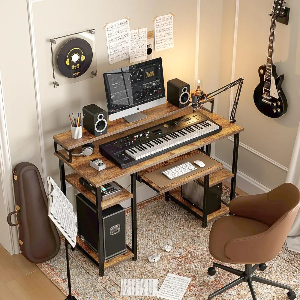 CubiCubi Computer Desk with Keyboard Tray 47 Inch Office Desk with Monitor Stand Storage Shelves Music Studio Desk Workstation