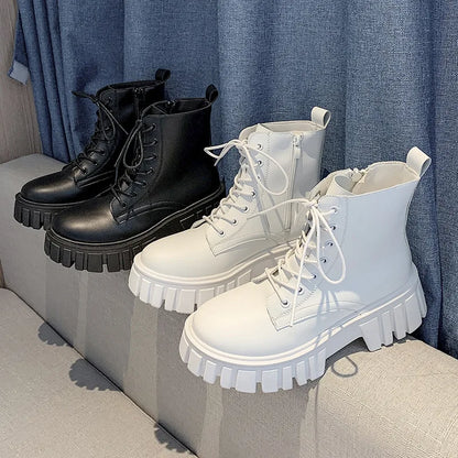 2022 New Women White Ankle Boots PU Leather Thick Sole Lace Up Combat Booties Female Autumn Winter Platform Shoes Woman
