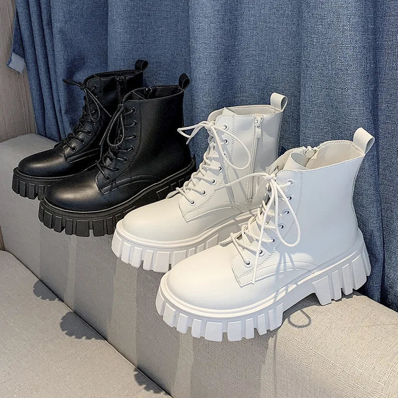 2022 New Women White Ankle Boots PU Leather Thick Sole Lace Up Combat Booties Female Autumn Winter Platform Shoes Woman