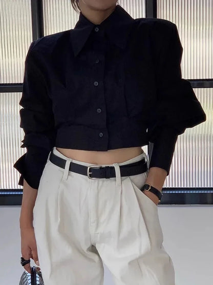 Zoki Korean Cropped White Shirts Women Back Lace Up Design Blouse Vintage Casual Long Sleeve Lady Elegant Hollow Out Spring Tops - Kimlud