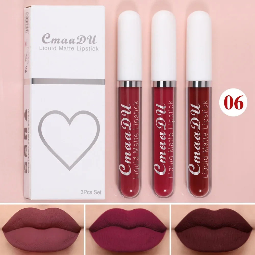 3Pcs/Set Waterproof Matte Nude Lip Gloss Brown Nude Pigment Dark Red Long Lasting Velvet Liquid Lipstick Women Makeup Lip Glaze
