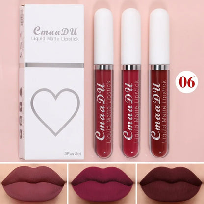3Pcs/Set Waterproof Matte Nude Lip Gloss Brown Nude Pigment Dark Red Long Lasting Velvet Liquid Lipstick Women Makeup Lip Glaze