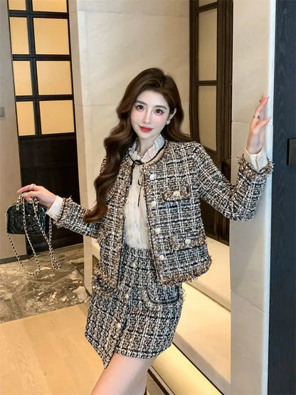 2025 Autumn Winter New Chic Two-Piece Skirt Women's Fashion Loose Burrs Elegant Sweet Tweed Jacket+Skirt Female Two-Piece Suit