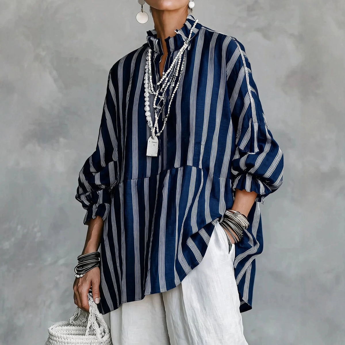 Women Stripes Print Blouse Autumn Casual Stand Collar Long Sleeve Top Simple Lady Blouses Streetwear Loose Harajuku...