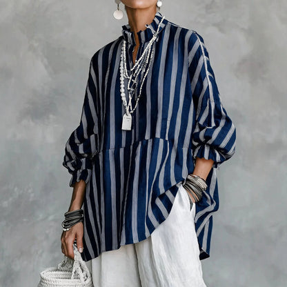 Women Stripes Print Blouse Autumn Casual Stand Collar Long Sleeve Top Simple Lady Blouses Streetwear Loose Harajuku...