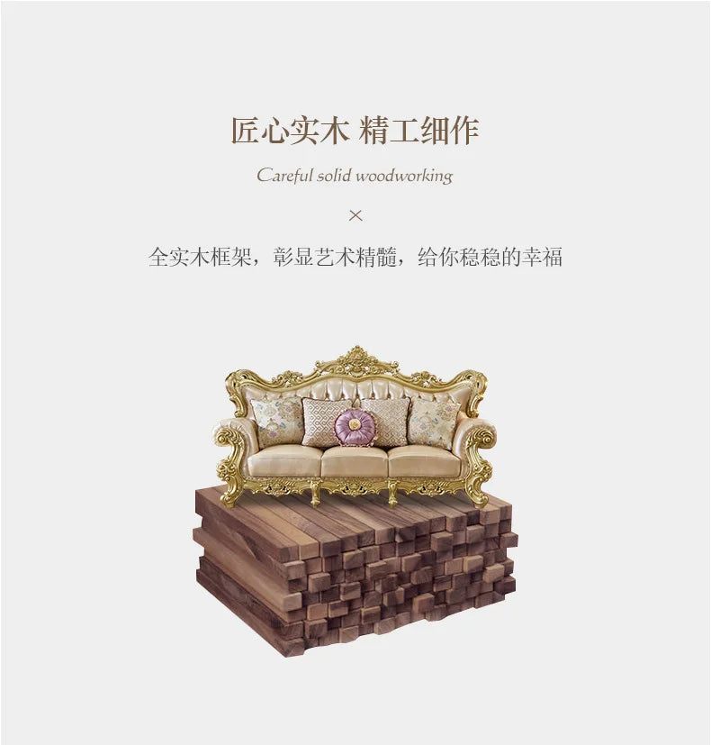 Classic Luxury Sofa Rubber Solid Wood Golden Antique European Royal Style Living Room Sofa Sets 1+2+3 | Kimlud Luxury Sofa