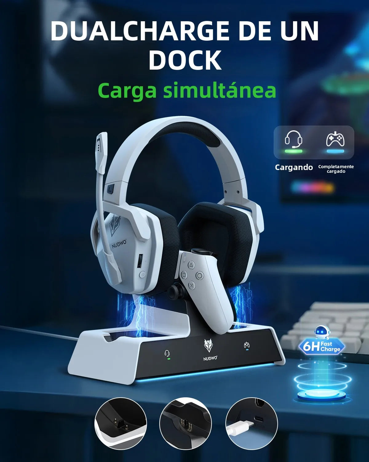 NUBWO G06 Wireless Headsets Gamer with Charging Station for Headset and PS5 Controller Gaming Headphones Long Battery Life