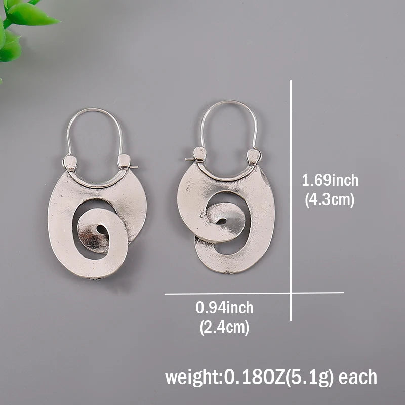 Gypsy Curl Metal Hoop Earrings for Women Jewelry Tribal Silver Color Hollow Spiral Winding Hanging Dangle Earrings - Kimlud