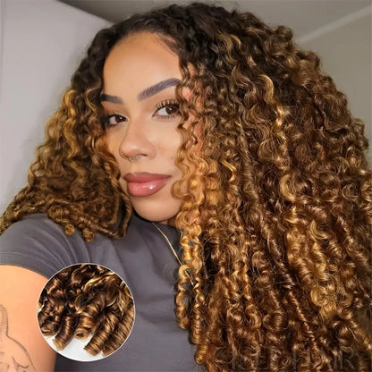 Highlight Burmese Curly 3 IN1 Half Wig Human Hair With Drawstring 250 Density Glueless Half Wig Flip Over Burmese Curly Half Wig