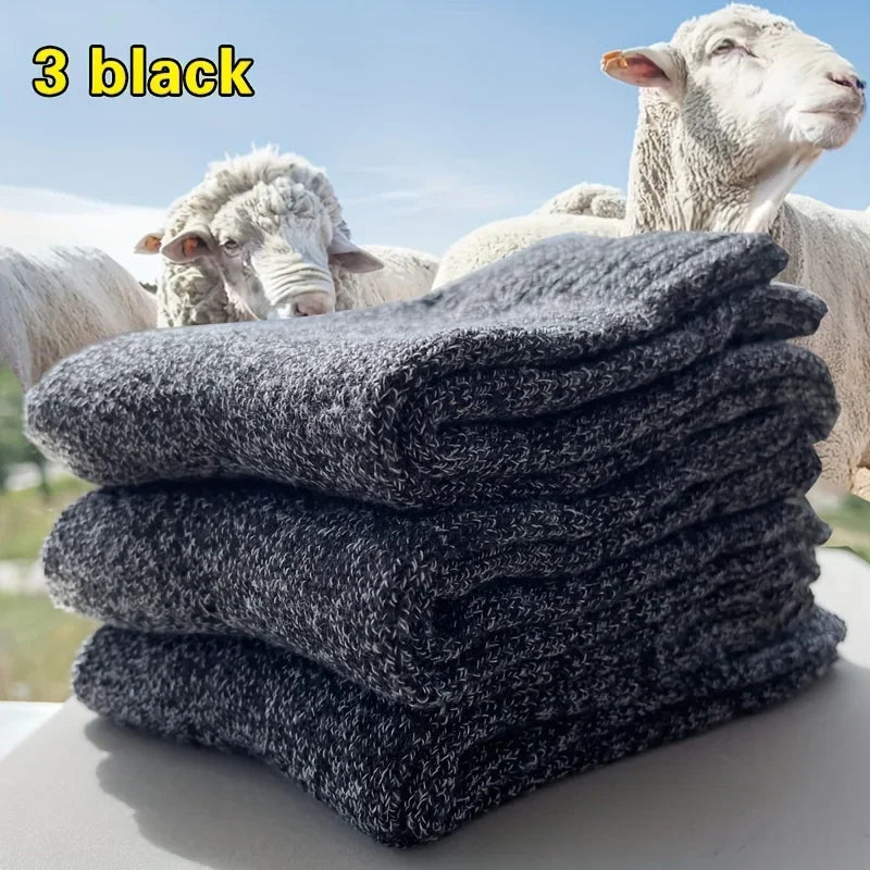 3 Pairs Men's Winter Warm Socks, Thick Towel Mid-Calf Socks, Anti-Cold Snow Boots Socks Elastic Solid Color - Kimlud