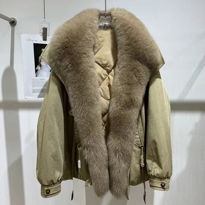 Women's Winter Down Jacket With Shawl Collar Short Real Fox Fur Puffer Jacket Genuine Fox Fur Coat Fashion Furry Jacket - Kimlud