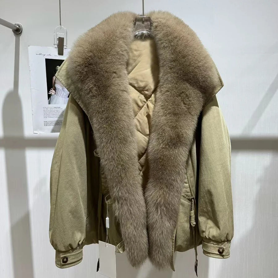 Women's Winter Down Jacket With Shawl Collar Short Real Fox Fur Puffer Jacket Genuine Fox Fur Coat Fashion Furry Jacket - Kimlud