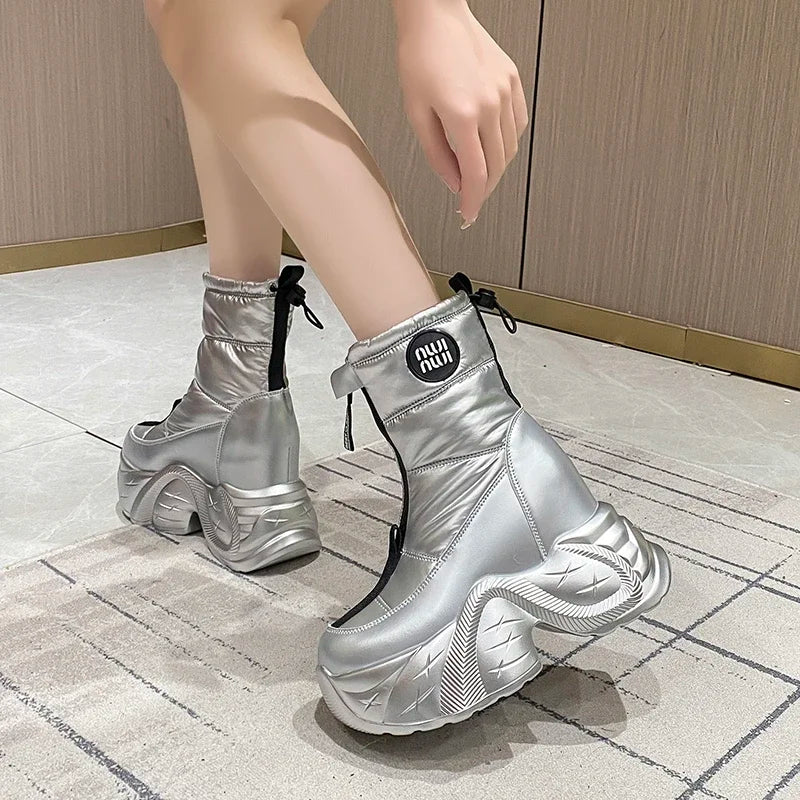 10CM Winter Women's Fur Snow Boots Keep Warm Chunky Short Boots Outdoor Plush Mid-calf Shoes Platform Anti-skid Leather Sneakers