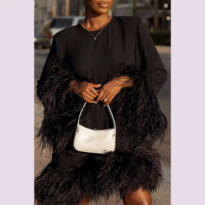 PLUS SIZE Feather Fur Patchwork Mini Dress Elegant Party Long Sleeve Dress Autumn Winter Women Sexy Personality Y2k Vestidos
