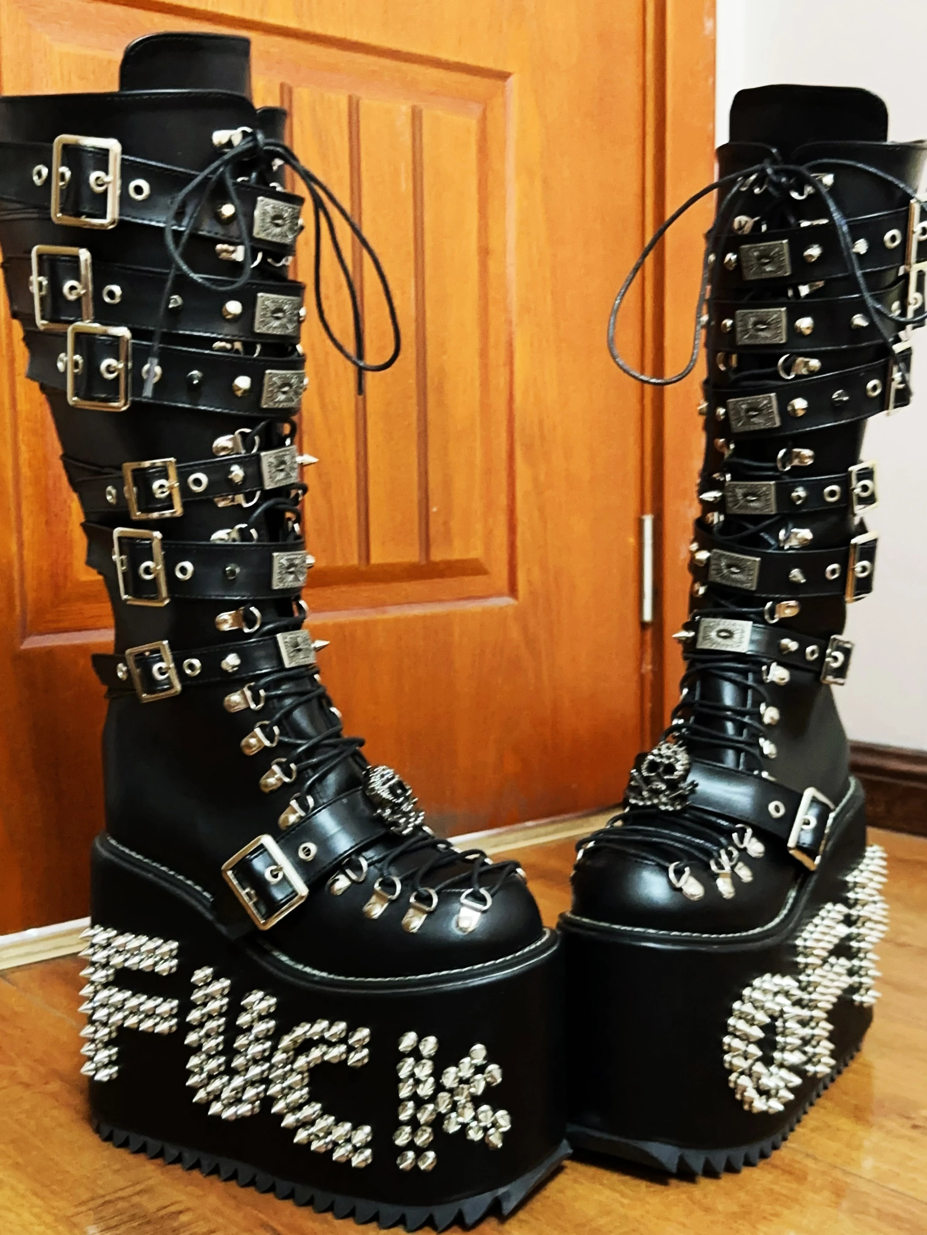 Women Motorcycle Boots women super high thick Heels pumps Cool Lady knight customized boots girl punk Gothic long boots rivets