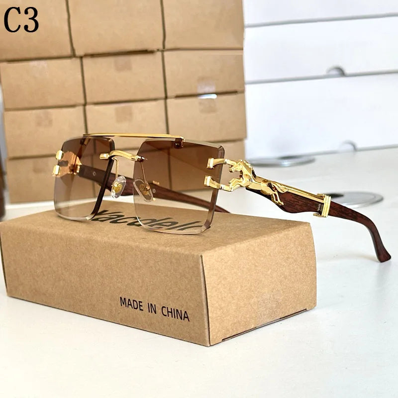 wood Grain Sunglasses Women Trendy 2024 Rimless Sunglasses Men Vintage Designer Fashion Glasses Lentes De Sol Mujer...