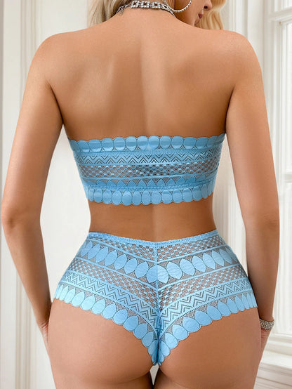 New product: Blue no steel ring strapless lace 2-piece party beach women's underwear set that can be worn outside J3440