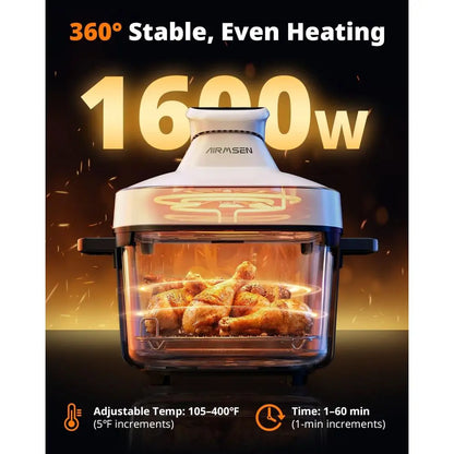 6.3 Qt Glass Air Fryer, 4 Settings & Manual, 105-400℉ Heat, 95% Less Oil, Auto-Pause, Safe for Dishwasher