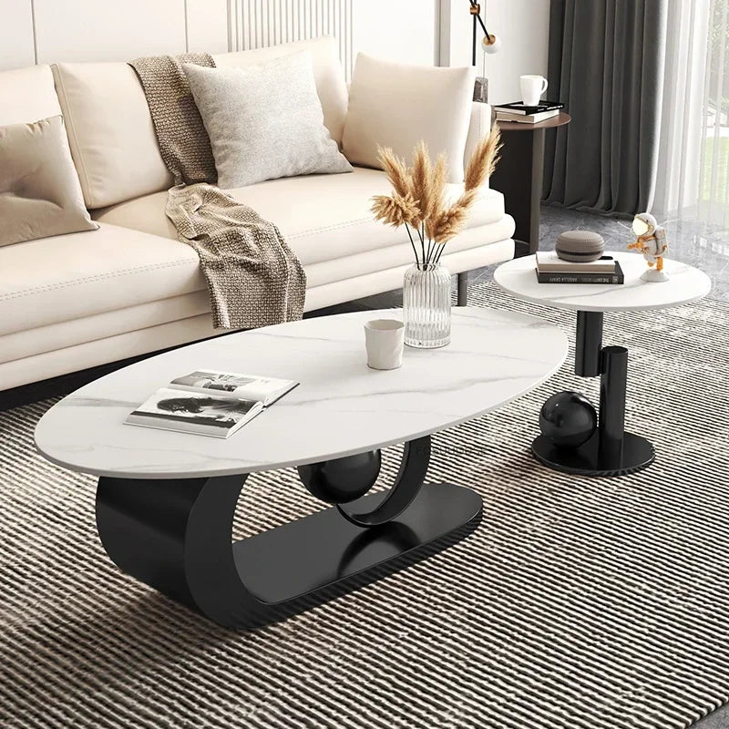 Italian Rock Plate Coffee Tables Living Room Luxury Oval Side Table Creative Wrought Iron Center Table Set Nordic Home...