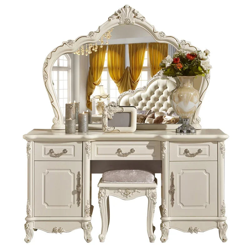 European Luxury Vanity Table Girls Wooden White Tall Vanity Table Makeup Nordic Penteadeira De Maquiagem Bedroom Furniture - Kimlud
