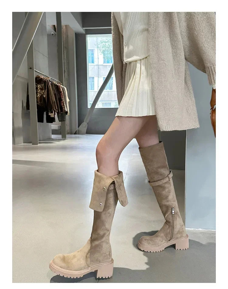 Over The Knee Cowboy Boots Women  Designer Winter Platform Shoes Fashion Fur Suede Wedges Thigh High Boots Motorcycle Shoes 2024