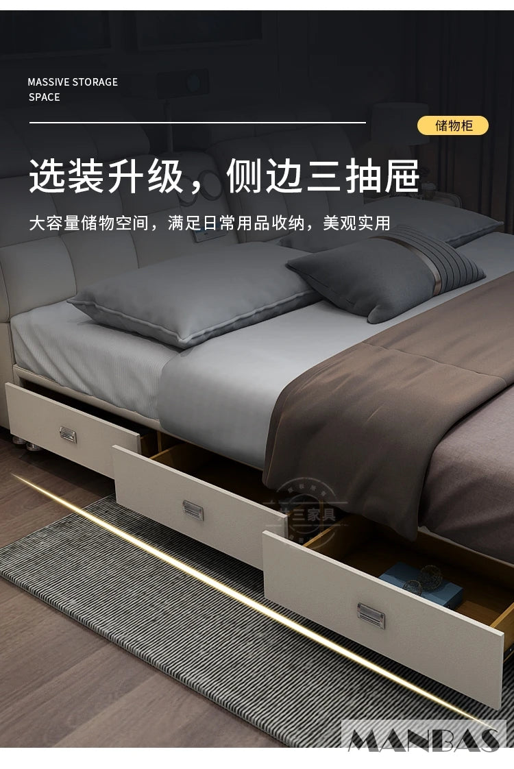 Linlamlim Ultimate Tech Smart Bed - Multifunctional Bedframe with Genuine Leather and Bluetooth Speaker, Drawers,...