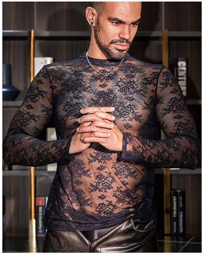 Lace Mesh Sheer See Through T-shirts for Men High Elastic Tight Thin Breathable Comfortable Tops Long Sleeves Fashion Blouse - Kimlud
