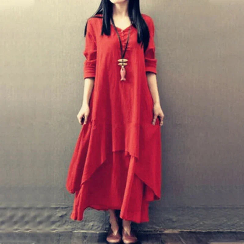 Women's Dress Long Dress Fashion Fake Two Pieces Loose Long Sleeve Art Big Swing Cotton Hemp Bohemian Cotton Vintage Women Dress - Kimlud