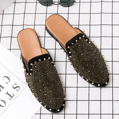 New Gold Hip-hop Rock Punk Rivet Rhinestones Shoes For Men Half Slippers Summer Fashion Casual Mules Moccasins Loafers - Kimlud