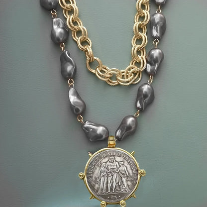 2025 chunky layer Jewelry Luxurious imitation grey pearl exaggerate coin charm pendant Clasps Carabiner Necklace...