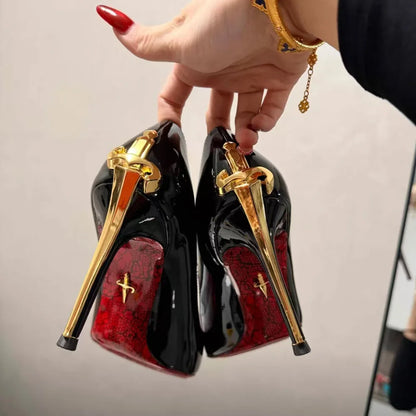 Super fiber leather women's power sword high heels, authoritative and sexy queen style snake patterned red soled shoes |...