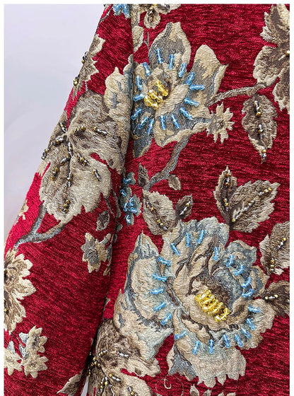 Autumn Winter New Women's Velvet Beaded Round Neck 3/4 Sleeve Burgundy Mid-Length Coat Chenille Texture Luxury Jacket